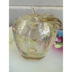 Vintage MCM Yellow Art Glass Apple Paper Weight Controlled Bubbles